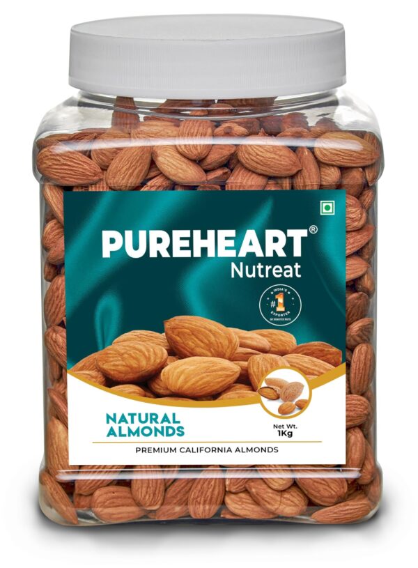 Pureheart Nutreat Natural Almonds (1 kg) Premium California Almond Nuts/Dry Fruit, Crunchy Dried Badam - Reusable Jar - Fast Shipping to USA & Canada