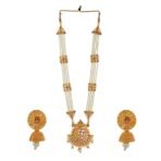 Estele Gehena Jewellery Sets for Women Gold Plated Fancy Three Layer White Pearl Long Haram/Necklace Set With White Kundans for Women-OS-567-MEH NKER - Fast Shipping to USA & Canada