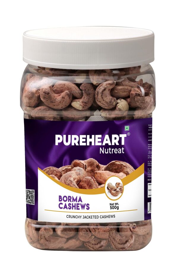 Pureheart Borma Cashews/Skin Unpeeled Cashews (500 gm) Natural Whole Kaju - Nutty Flavor Cashew Nuts with Skin - Fast Shipping to USA & Canada