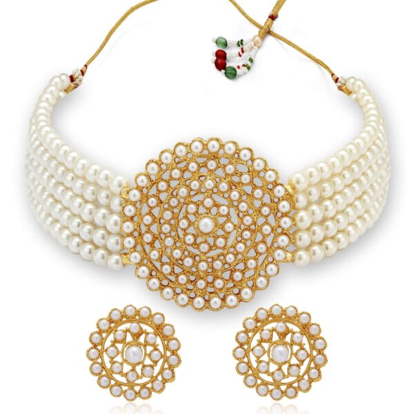 Sukkhi White Pearl Choker Necklace Set with Stud Earrings - Fast Shipping to USA & Canada