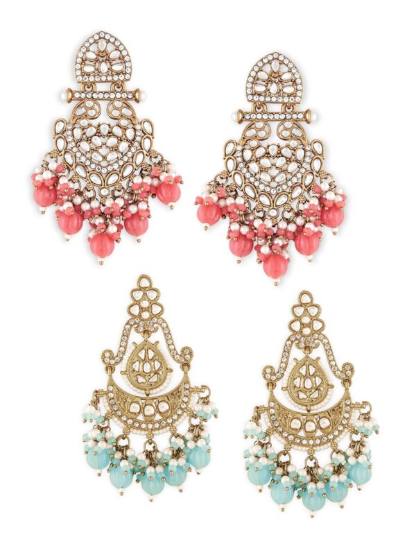 Zaveri Pearls Combo of 2 Pink & Pastel Blue Beads Dazzling Kundan & Diamonds Antique Tone Dangler Earrings For Women-ZPFK21366 - Fast Shipping to USA & Canada