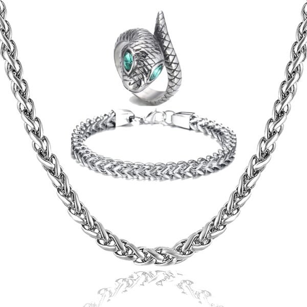 Fashion Frill Silver Chain and Bracelet for Men and Boys With Snake Ring Jewellery Combo - Stainless Steel - Fast Shipping to USA & Canada