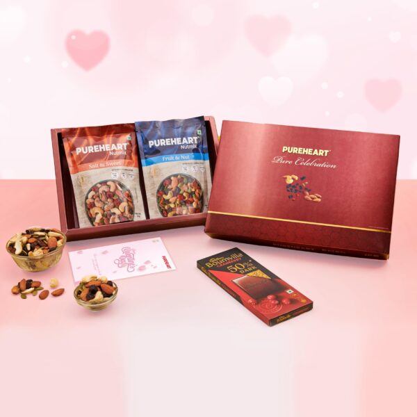 PUREHEART Pure Celebration Premium Valentine Gift Box | Dry Fruits Gift Hamper For Her | Fruit & Nut and Salt & Sweet Nutmix (80g, each) | Wishing Card | Chocolate | Healthy Snack - Fast Shipping to USA & Canada
