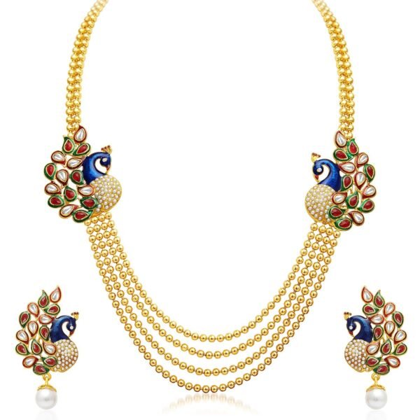 Sukkhi Pearl Kundan Peacock Meenakari Multi-String Necklace Set - Fast Shipping to USA & Canada