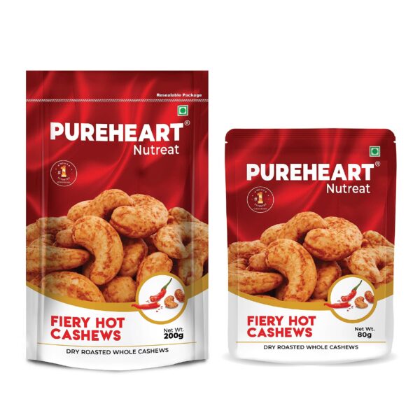 Pureheart Nutreat Fiery Hot Cashews (Pack of 200 g & 80 g), Premium Spicy Roasted Masala Cashew Nuts/Kaju Dry Fruit | Protein & Fiber Rich Chili Cashews| Crunchy Snack | No Artificial Colors, Flavors - Fast Shipping to USA & Canada