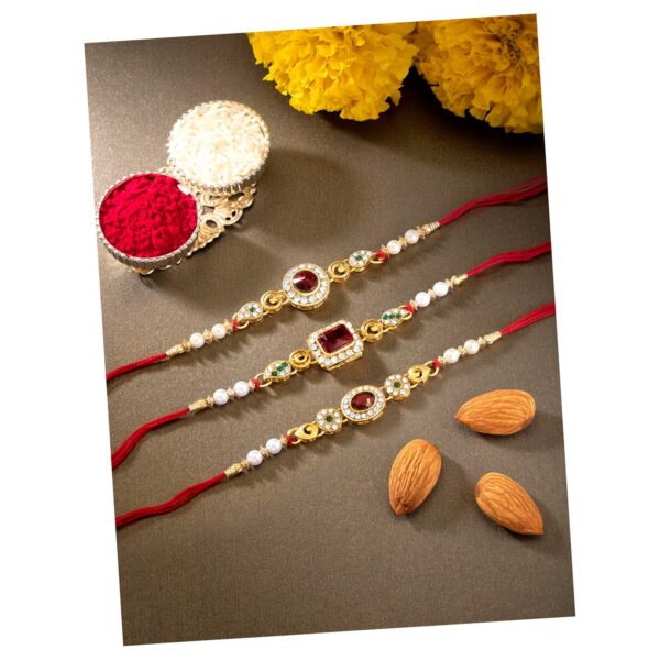 Peora Rakhshabandhan Thread Rakhi for Brother Bhaiya | Crystals & Pearl Studded | Red Green White | Combo Pack of 3 | Rakhi Hamper Roli Chawal & Greeting Card - Fast Shipping to USA & Canada