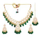Estele Gehena Gold Plated Dazzling Cluster Drop Kundan Choker Necklace set and Maang tikka with Beads for Girls and Women - Fast Shipping to USA & Canada