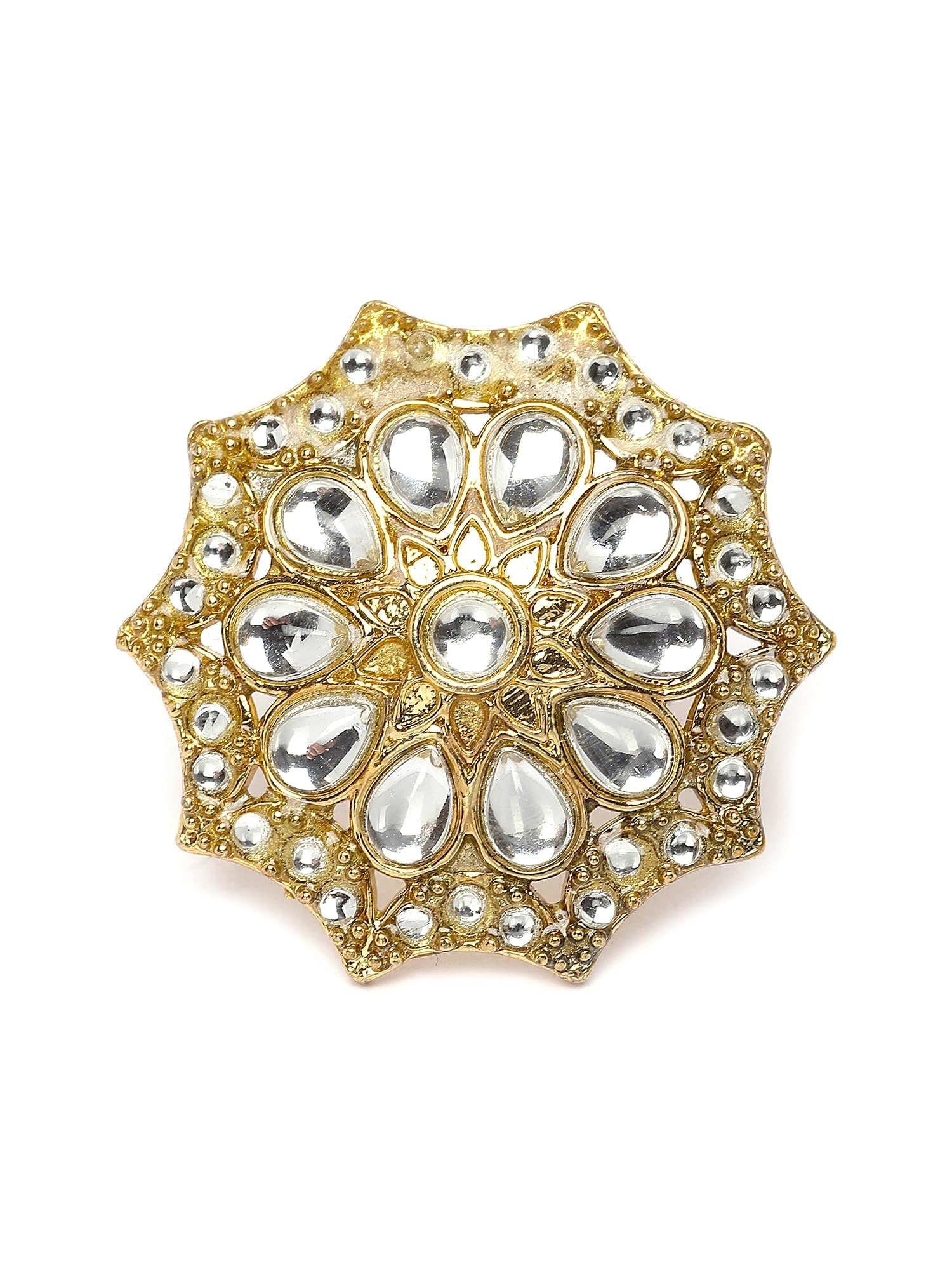 81hreHwqHiL.jpg Karatcart Gold Plated Floral Kundan Cocktail Ring for Women - Fast Shipping to USA & Canada - Image 1