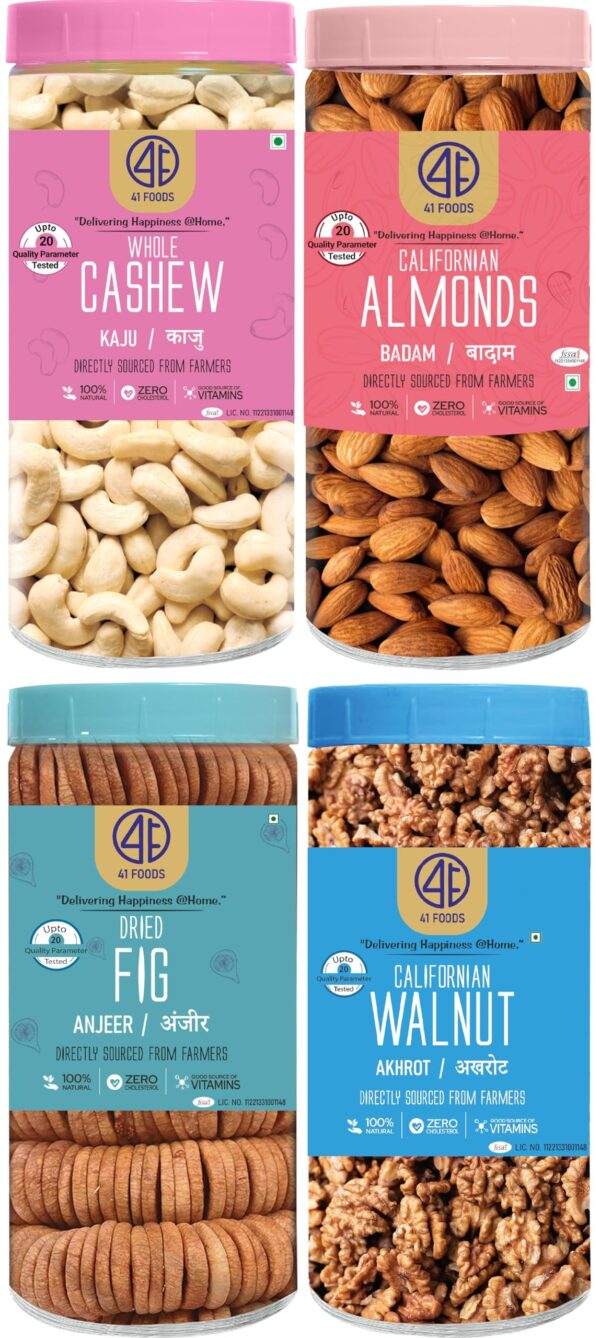 41 FOODS Premium Dry Fruits and Nuts Combo of Healthy Fresh Cashews Almonds Walnuts Figs Nutritious Badam Kaju Akhrot Anjeer 200Gm X 4 800Grams - Fast Shipping to USA & Canada
