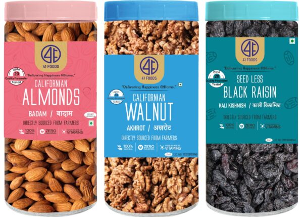41 FOODS Premium Dry Fruits and Nuts Combo Healthy Fresh Almonds Walnuts Black Raisins Nutritious Crunchy Badam Akhrot Kali Kishmish 200Gm X 3 600Gm - Fast Shipping to USA & Canada