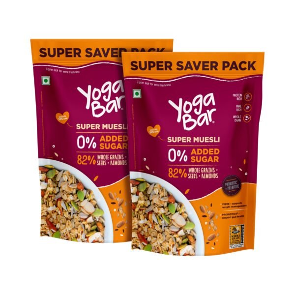 Yogabar Super Muesli, No Added or Hidden Sugar, Breakfast Muesli with Probiotics & Prebiotics, 82% Whole Grains+ Seeds+ Almonds, 400gm Each - Fast Shipping to USA & Canada