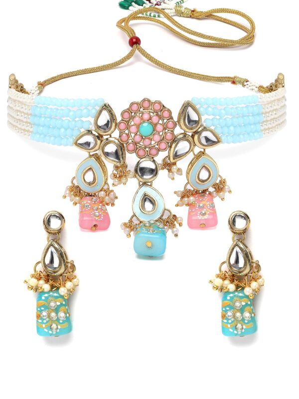 Karatcart Gold Plated Pink and Light Blue Beaded Kundan Jewellery Set for Women - Fast Shipping to USA & Canada