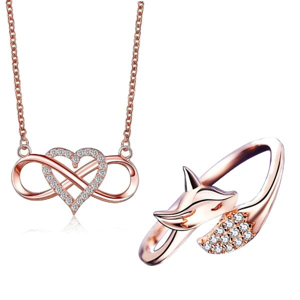 Fashion Frill Heart Infinity Pendant For Women Girls Rose Gold Plated Pendant Necklace With Fox Design Finger Adjustable Ring Gift for Sister - Fast Shipping to USA & Canada