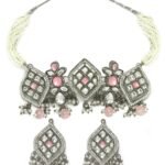 Karatcart Oxidised Silver Pink Beads Kundan Choker Necklace Set for Women - Fast Shipping to USA & Canada
