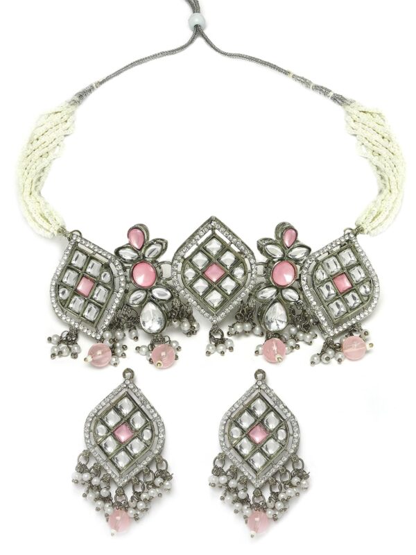 Karatcart Oxidised Silver Pink Beads Kundan Choker Necklace Set for Women - Fast Shipping to USA & Canada