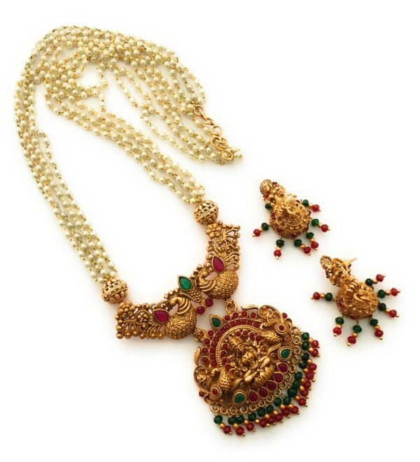 Sasitrends Traditional Gold Plated White Pearl Chain Pendant Necklace Jewellery Stone-Studded Set Stone Women & Girls-20 Inches - Fast Shipping to USA & Canada
