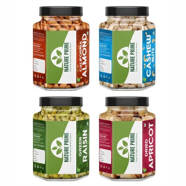 Nature Prime Fresh and Healthy Dry Fruits Combo Pack of Almond, Cashew, Raisin, Apricot (200g * 4) 800G JAR PACK - Fast Shipping to USA & Canada