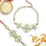 Karatcart Light Green Beads Floral Design Handmade Kundan Bhaiya Bhabhi Rakhi with Roli & Chawal - Fast Shipping to USA & Canada