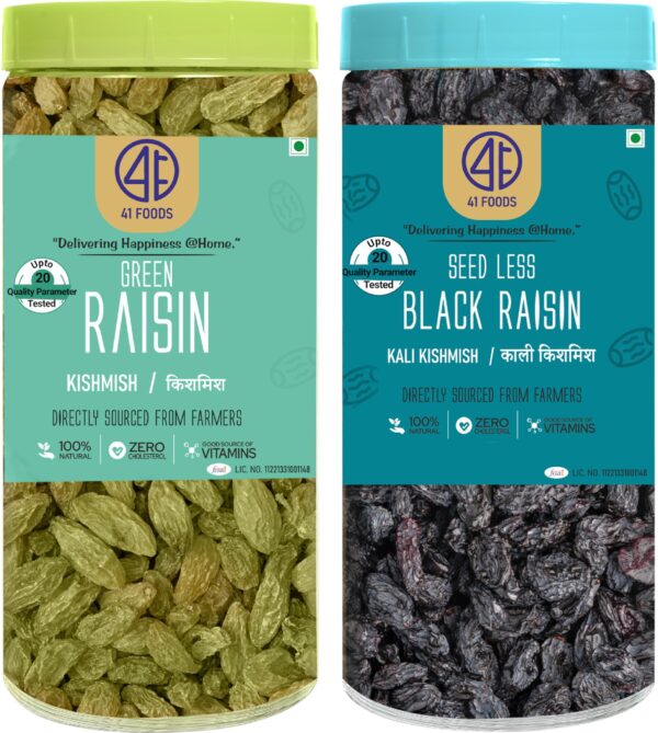 41 FOODS Premium Dry Fruits and Nuts Combo Seedless Green Raisins and Black Raisins Weight Management Kishmish Kali Kismis draksh 200Gm X 2 400GM - Fast Shipping to USA & Canada