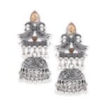 Rubans Silver & Gold Dual-Plated Oxidised Long Lotus Motif Pink Stone Jhumka Earrings for Women ? Festive & Traditional Looks - Fast Shipping to USA & Canada - Image 2