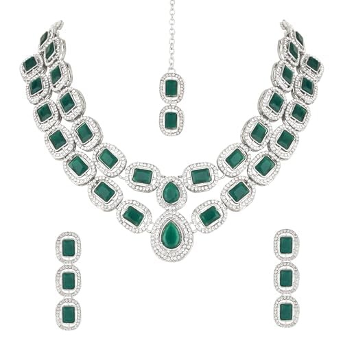 I Jewels Silver Plated Stone Necklace, Earrings & Maang Tikka Set - Fast Shipping to USA & Canada
