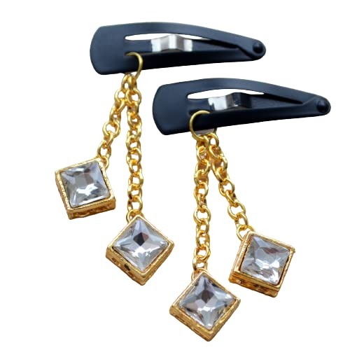 Pretty Ponytails Gift Set of Ethnic Princess Cut Square Kundan Stone Hair Clip Pair for Wedding Simple Jewellery for Kids or Girls or Women - Fast Shipping to USA & Canada