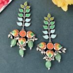 Voylla Traditional Brass Silver Oxidised plated Pastel Colourful Enamelled Embellished Leaf Design Beaded Long Dangle & Drop Earrings for Women and Girls - Fast Shipping to USA & Canada - Image 3
