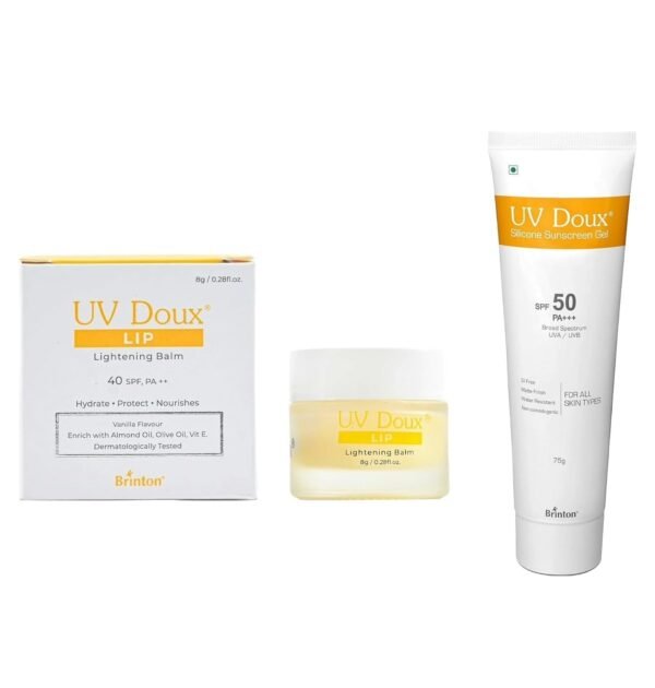 Brinton LIP Balm 8gm and Brinton Healthcare UvDoux Face & Body Sunscreen gel with SPF 50 PA+++ in Matte Finish and Oil Free Formula| Water Resistant Sunscreen| Protection against UVA/UVB Rays (75 GM) - Fast Shipping to USA & Canada