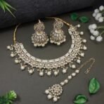 I Jewels Gold Plated Kundan Pearl Choker Necklace, Earrings & Maang Tikka Set - Fast Shipping to USA & Canada - Image 4