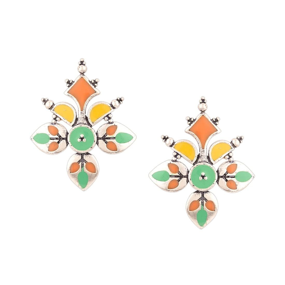 51zahJ3Z2gL-1.jpg Voylla Silver Brass Bagh E Fiza Rangoli Pattern Oxidised toned Pastel Colourful Enamelled Embellished Leaf Design Dangle & Drop Earrings for Women and Girls - Fast Shipping to USA & Canada - Image 1
