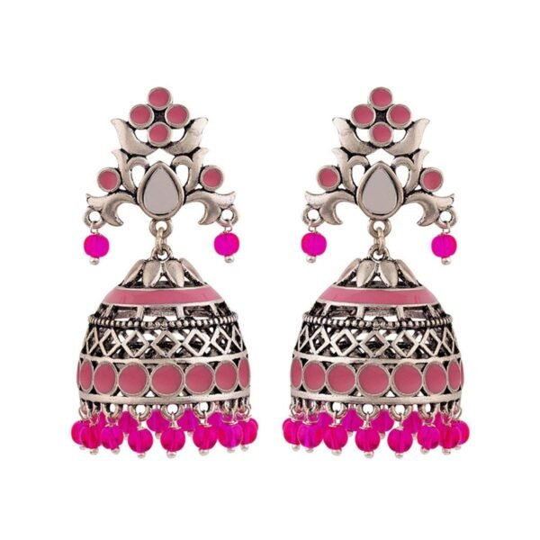 Voylla Brass Silver Oxidised Plating Rangabati Pink Embellishments Jhumka Earrings with Pearl Beads for Women and Girls - Fast Shipping to USA & Canada