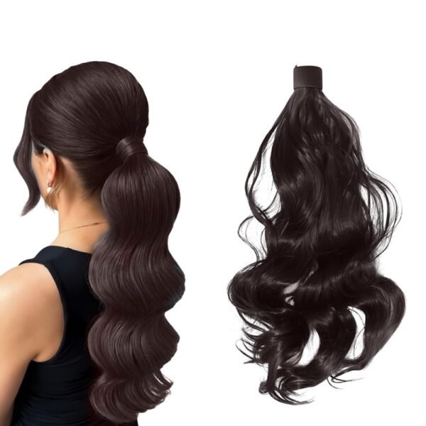 D-DIVINE Brown Wavy Ponytail Hair Extension - 24 Inch Natural Looking Full Head Long Hair for Women & Girls - Fast Shipping to USA & Canada