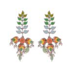 Voylla Traditional Brass Silver Oxidised plated Pastel Colourful Enamelled Embellished Leaf Design Beaded Long Dangle & Drop Earrings for Women and Girls - Fast Shipping to USA & Canada