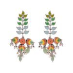 Voylla Traditional Brass Silver Oxidised plated Pastel Colourful Enamelled Embellished Leaf Design Beaded Long Dangle & Drop Earrings for Women and Girls - Fast Shipping to USA & Canada
