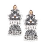 Rubans Silver & Gold Dual-Plated Oxidised Long Lotus Motif Pink Stone Jhumka Earrings for Women ? Festive & Traditional Looks - Fast Shipping to USA & Canada