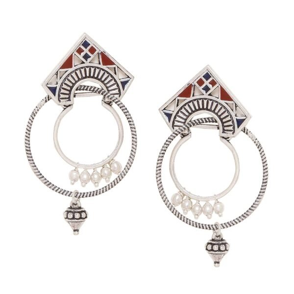 Voylla Brass Silver Oxidised Plating Moksha Tribal Hoop Earrings with White Pearl Beads for Women and Girls - Fast Shipping to USA & Canada