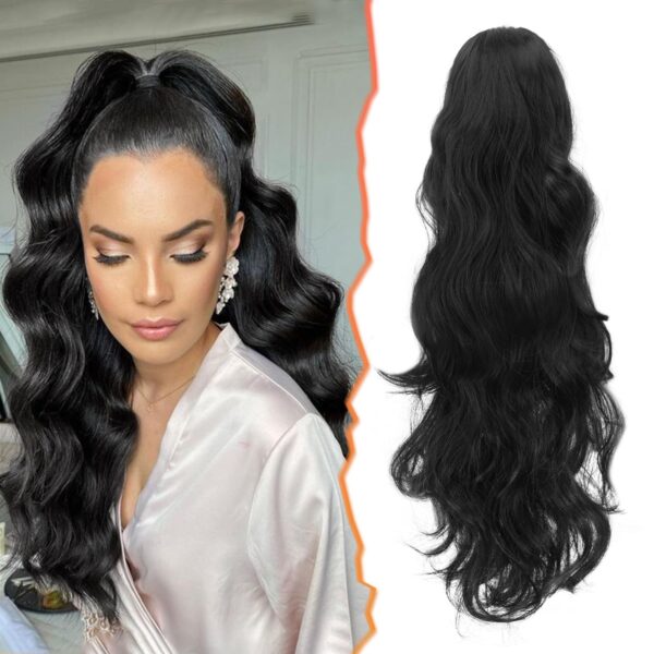 D-DIVINE Claw Clip Extension, 22 In Black Hair Wavy Ponytail Hair Extensions Long Wavy Clip in Ponytail for Women Synthetic Fake Pony Tail - Fast Shipping to USA & Canada