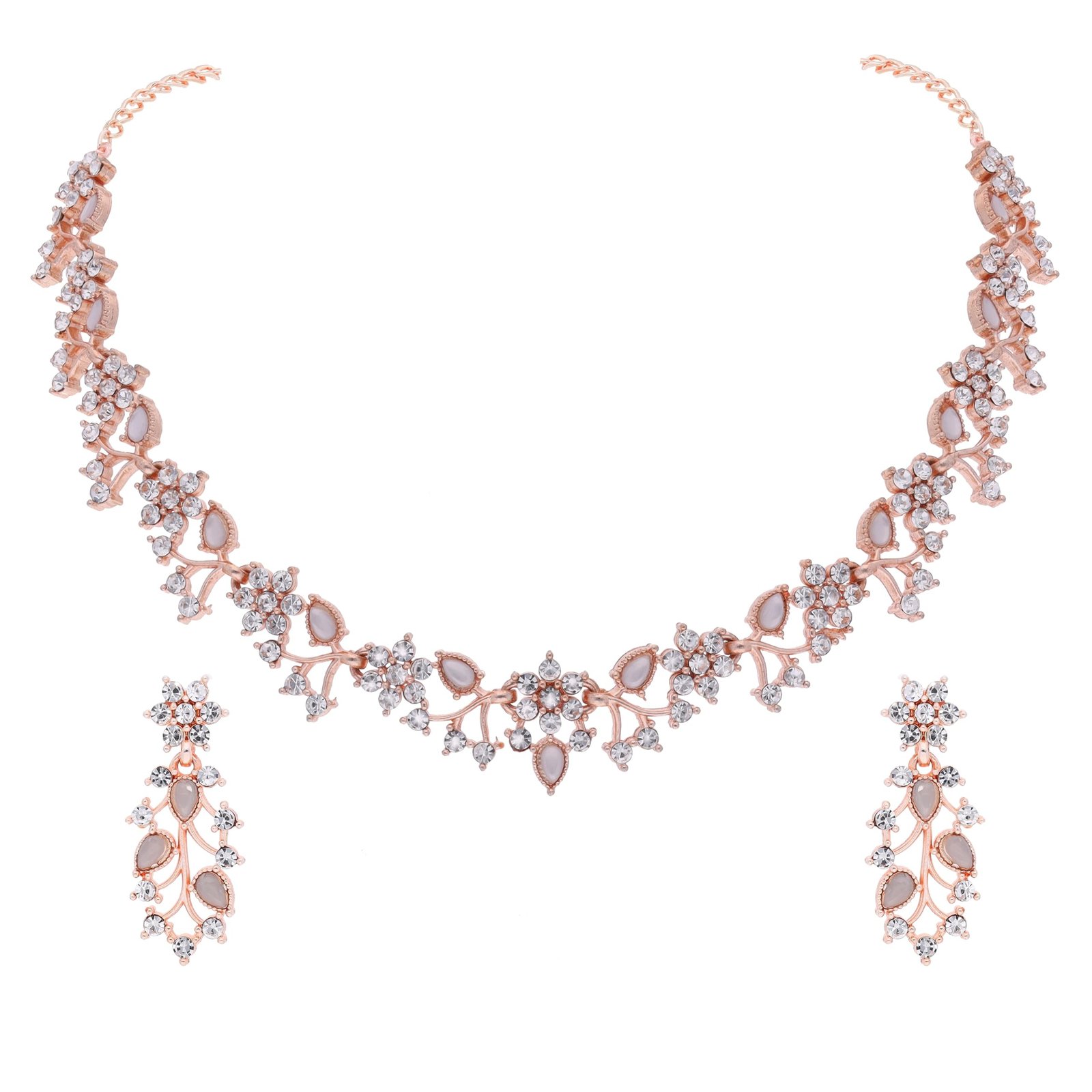 7139o5eE3FL-1.jpg Women Rose Gold Stone Studded Necklace Set (White) - Fast Shipping to USA & Canada - Image 1