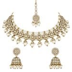 I Jewels Gold Plated Kundan Pearl Choker Necklace, Earrings & Maang Tikka Set - Fast Shipping to USA & Canada