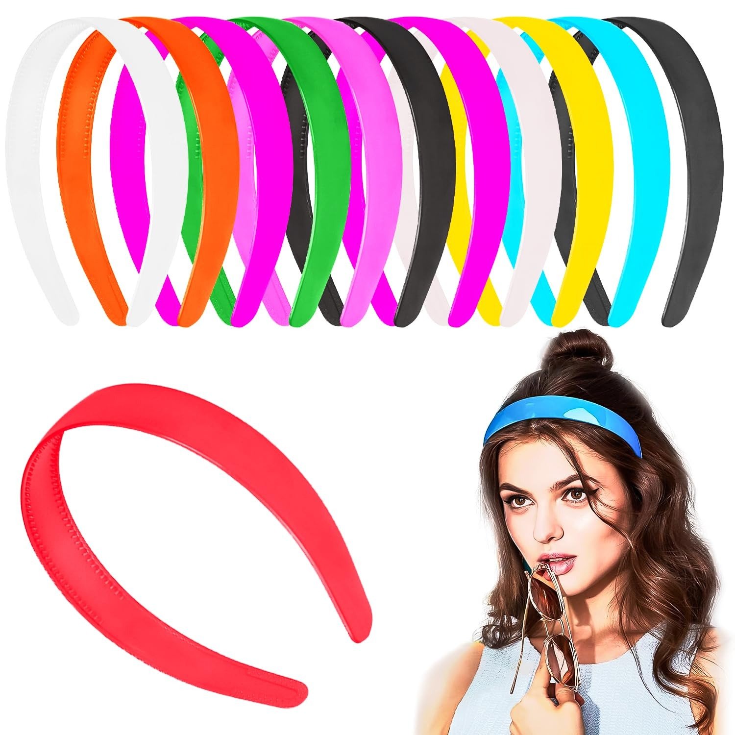 71CBcdwEKML-1.jpg ANNACREATIONS Set Of 12 Plastic Hair Bands for Girls & women (EXTRA-WIDE, MULTI-COLOUR) EXTRA-WIDE - Fast Shipping to USA & Canada - Image 1