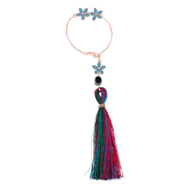 Mahi Rose Gold Plated Blue Crystals Floral with Evil Eye Lumba Rakhi for Bhabhi (RAL1100807ZBlu) - Fast Shipping to USA & Canada