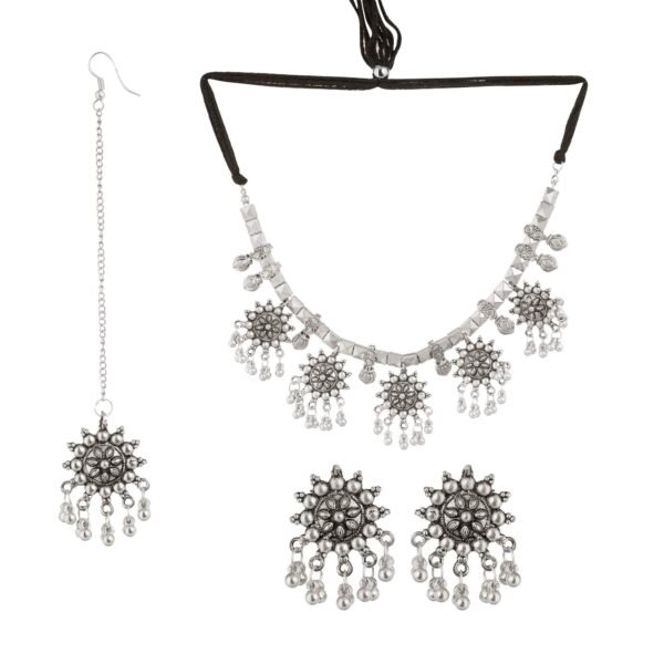 Shreyadzines Oxidised Jewellery Set Designer Handmade Ethnic Choker Necklace with Earring and Mang Tikka for Women - Fast Shipping to USA & Canada