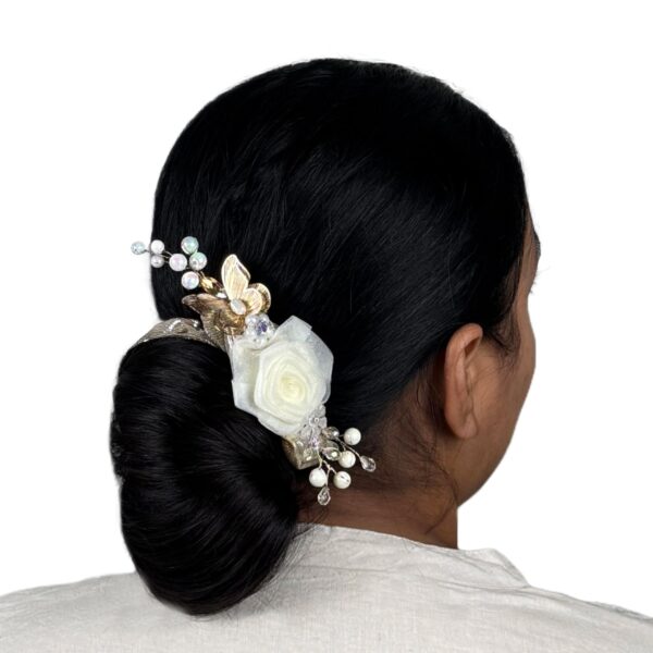 Pretty Goals Handmade Scrunchie Hair Tie for Girls and Ladies, Shimmer Gold Ruffle with Butterfly and Rose, Soft Stretch Pony Tail Holder for Weddings and Festive Styling (Off-White Rose) - Fast Shipping to USA & Canada