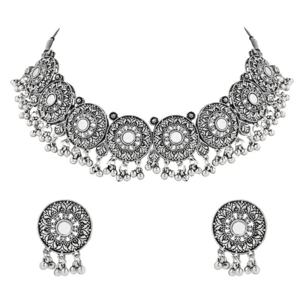 I Jewels Silver Oxidized Afghani Mirror Work Choker Necklace Set - Fast Shipping to USA & Canada