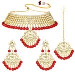 Peora 18K Gold Plated Kundan Faux Pearl Choker Necklace Earring Maang Tikka Traditional Jewellery Set for Women Girls - Fast Shipping to USA & Canada