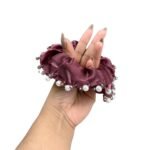 Pretty Goals Premium Wine Organza Scrunchie for Girls and Women ? Soft Ruffle Hair Tie with Pearls and Stitched Beads, Elegant Ponytail Holder for Weddings, Birthdays & Festive Styling - Fast Shipping to USA & Canada
