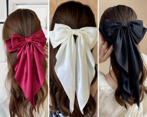 ChicTresses? 3 Pack - Black, Off White & Red Hair Bows - Luxury Silky Satin Barette Hair Clip Accessories for Women & Girls - Fast Shipping to USA & Canada