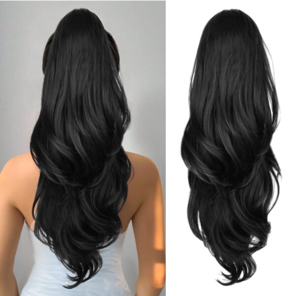 BLUSHIA Ponytail Extension, 22 Inch Drawstring Ponytail Extension for Women Long Black Wavy Layered Pony Tails Hair Extensions Synthetic Clip - Fast Shipping to USA & Canada