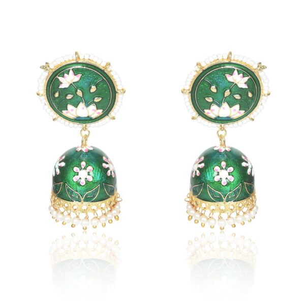 Nilu's Collection Meenakari Dome Shape Jhumka Earrings with Lotus engraved and pearl Beaded Top - Fast Shipping to USA & Canada