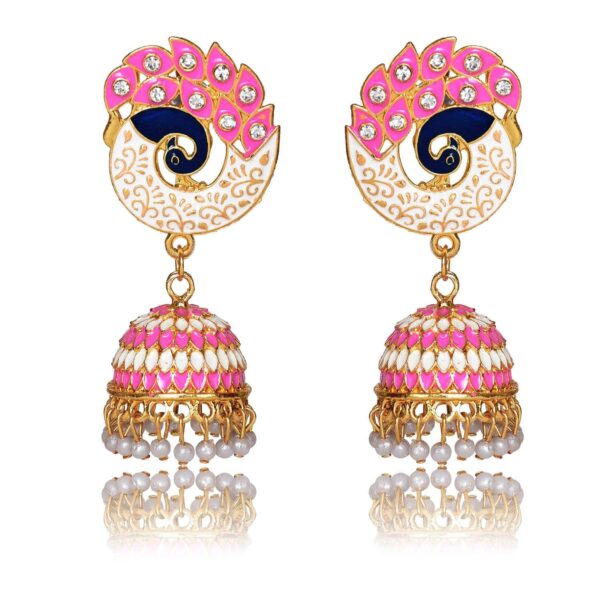 Nilu's Collection Party & Wedding Collection Peacock Shape Jhumka Earrings for Women and Girls (Beige & Red) - Fast Shipping to USA & Canada